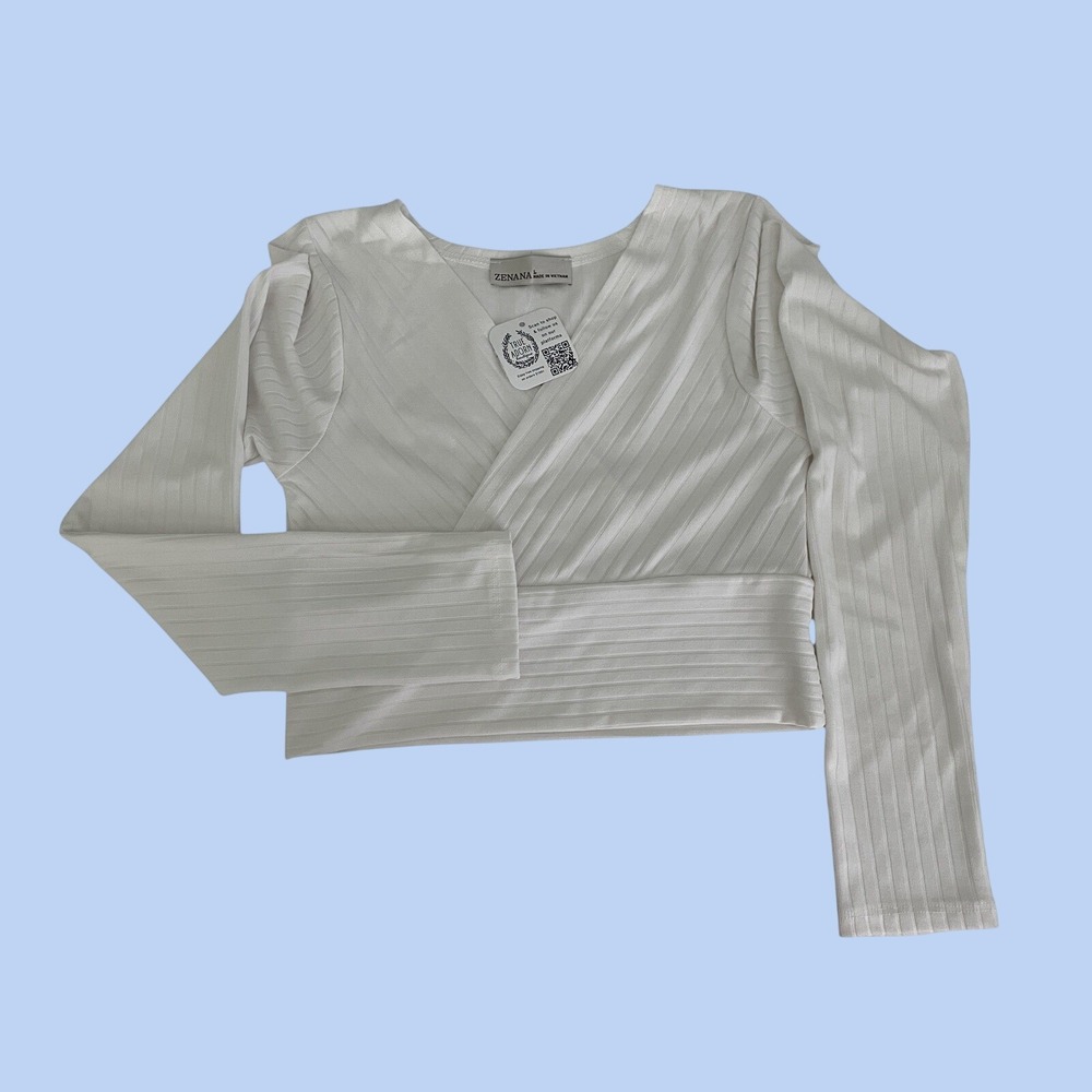 Zenana Womens Ribbed Long Sleeve Wrap Front Crop Top White RRT-8526Y Large